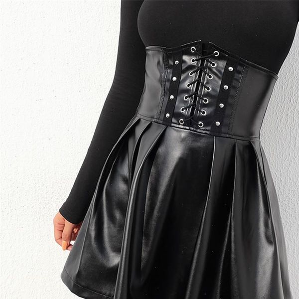 2021 gothic bandage faux leather black pleated a line skirts women casual high waist zipper solid female mini skirt